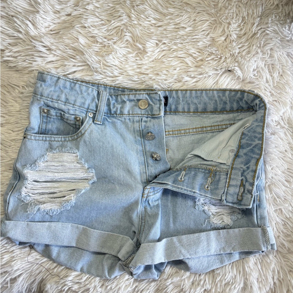 Blue Jean Shorts with Distressed Details and Cuffed Hem